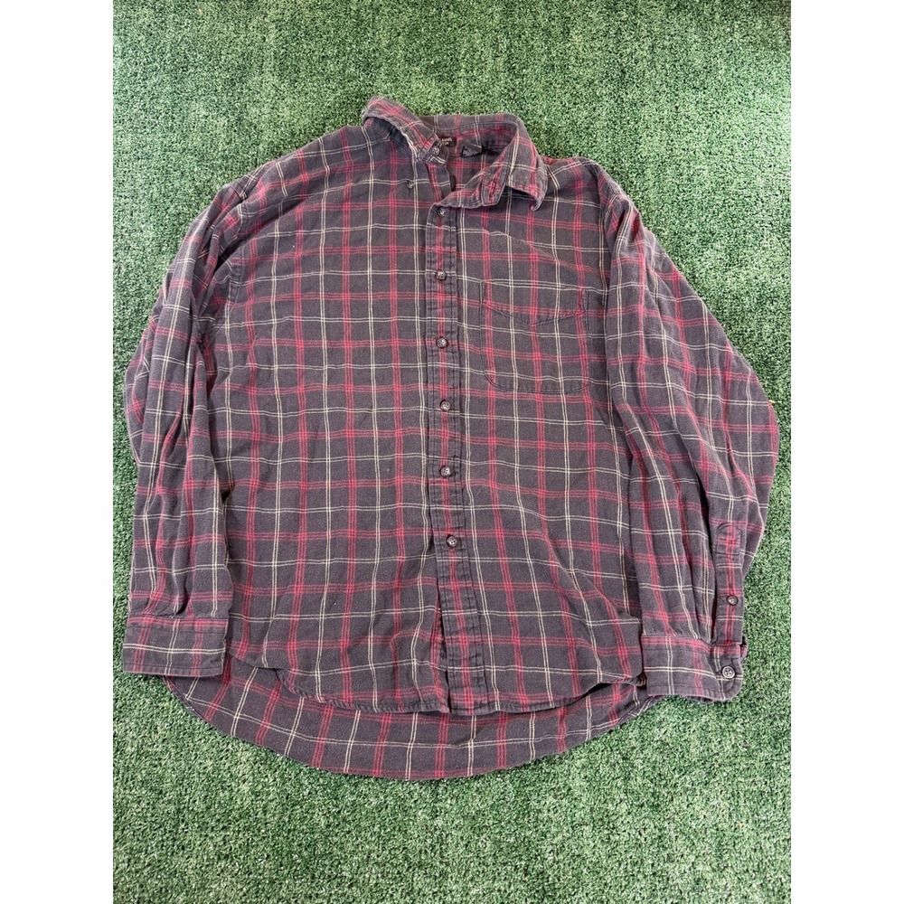 Van Heusen Men's Premium Flannel Plaid Button-Up Shirt Gray Red Size L
